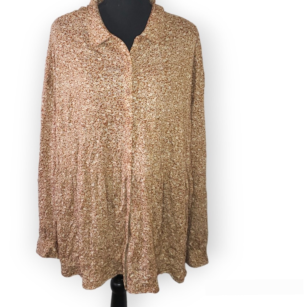 Frye and co. XXL brown with beige floral print long sleeves baby doll blouse top